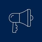 A blue and white megaphone icon