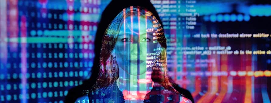 A colorful silhouette of someone who became a data scientist, illuminated by a computer screen of data.
