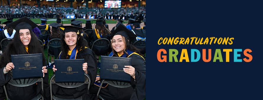 3 students wearing cap and gowns holding their SNHU diplomas with the text congratulations graduates