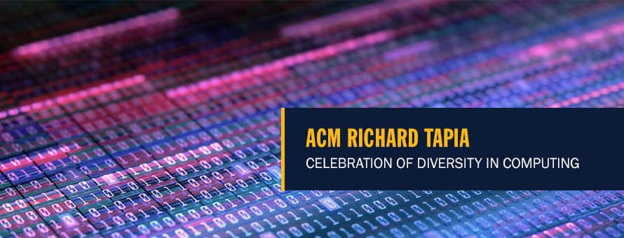 A series of digital ones and zeros in various colors and the text ACM Richard Tapia Celebration of Diversity in Computing.
