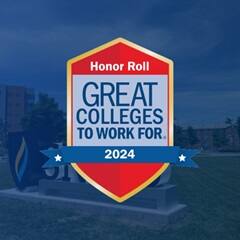 The 2024 Great Colleges to Work For badge with an image of SNHU's campus overlayed in blue behind it.