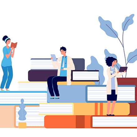 A drawing of 3 health professionals reading while sitting and standing on different levels of books.