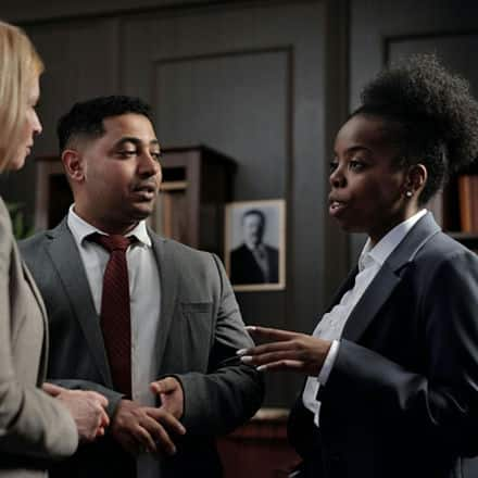 Three lobbyist standing in an office having a discussion.