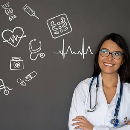 A medical professional in front of a black background with health related icons representing the importance of health education