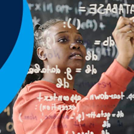 A mathematician working on a math problem with a chart to the left on a blue background.