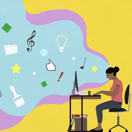 A woman at a desk surrounded by floating icons including a lightbulb, paintbrush, music notes and stars.