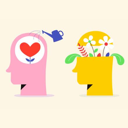 A graphic of 4 profiles. From left to right: Blue head with puzzle pieces, red head with tangled swirls, pink head with a heart and watering can, yellow head with blooming flowers.