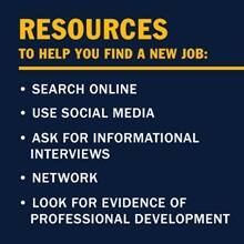 A blue infographic piece with the text Resources to help you find a new job: search online, use social media, ask for informational interviews, network, look for evidence of professional development