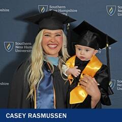 Casey Rasmussen, a 2023 graduate from SNHU with an MEd, holding her son, Rockwell.
