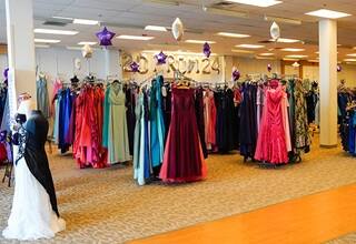 Donated prom dresses in Missy's Closet, the site of volunteer hours during SNHU's Global Days of Services