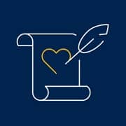 A scroll with a heart and arrow on a blue background.