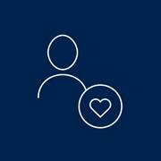 A graphic with a blue background and white icons on a person and a heart.