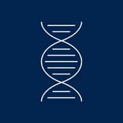 A graphic with a blue background with a white double helix icon