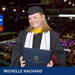 Michelle Nachand in a graduation cap and gown after earning a BSN and MSN from SNHU.