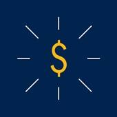 A yellow money symbol on a blue background 