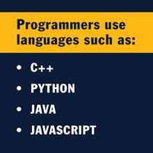 A blue and yellow infographic with the text programmers use languages such as: C++, Python, Java and JavaScript