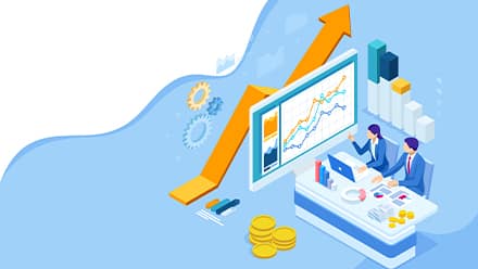 Animated people sat at a desk surrounded by different types of graphs.