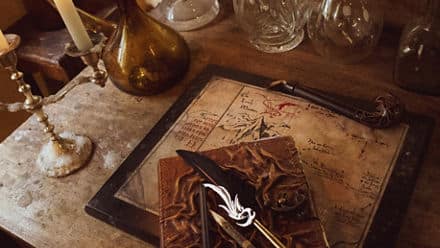 A quill and notebook sitting atop a map on weathered desk, surrounded by antique looking objects.