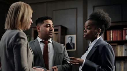 Three lobbyist standing in an office having a discussion.