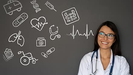 A medical professional in front of a black background with health related icons representing the importance of health education