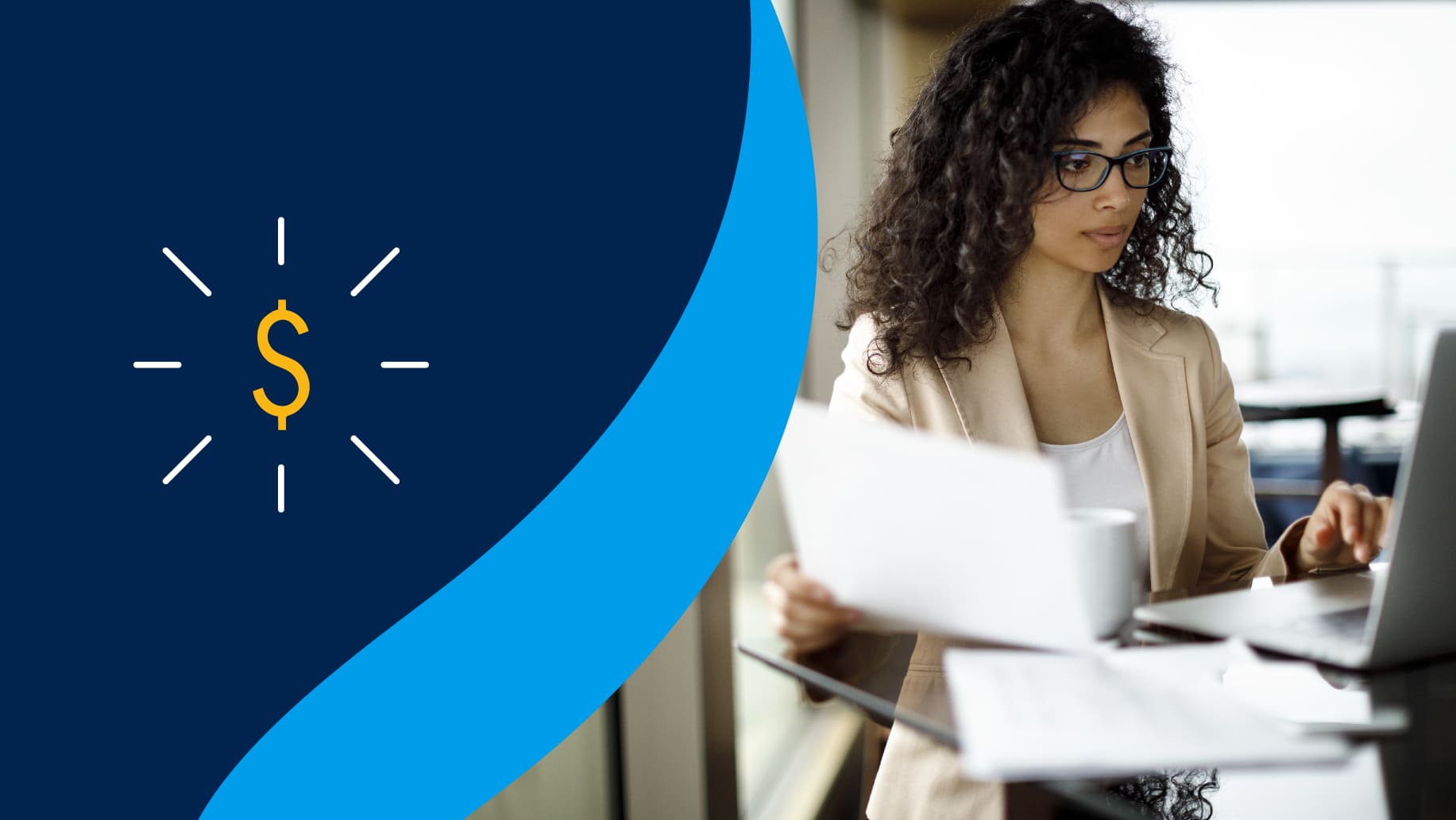 A woman standing at her desk working on her laptop next to a dollar sign on a blue background.