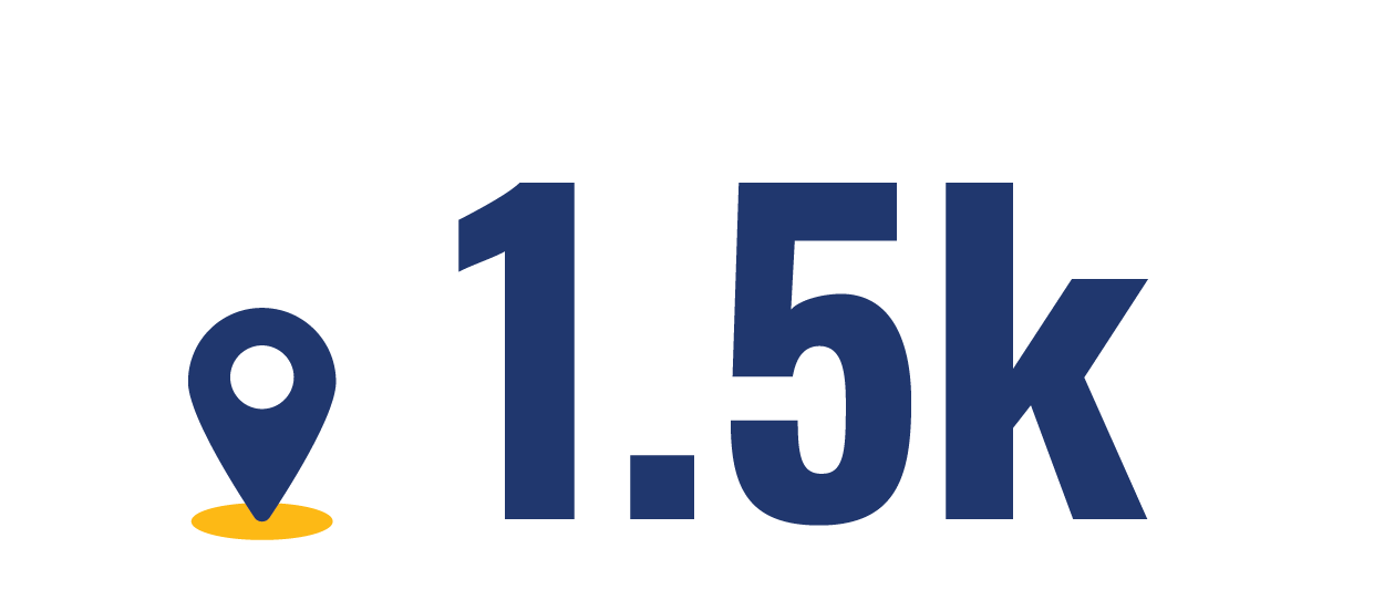 Student body icon which includes a location icon and the number 1.5k in relation to the number of Idaho students.