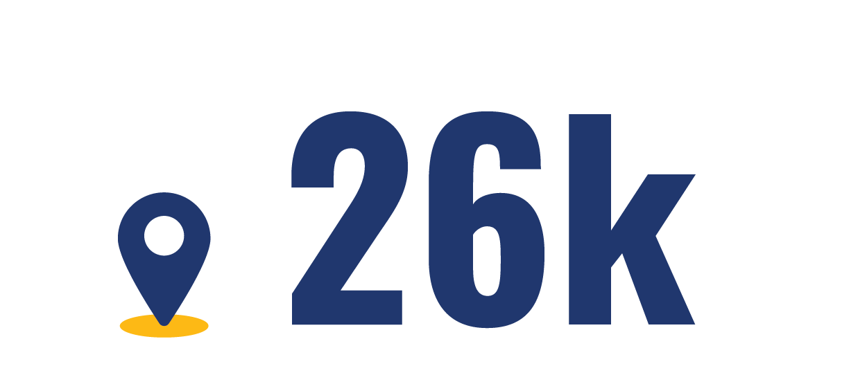 Student body icon which includes a location icon and the number 26k in relation to the number of Texas students.