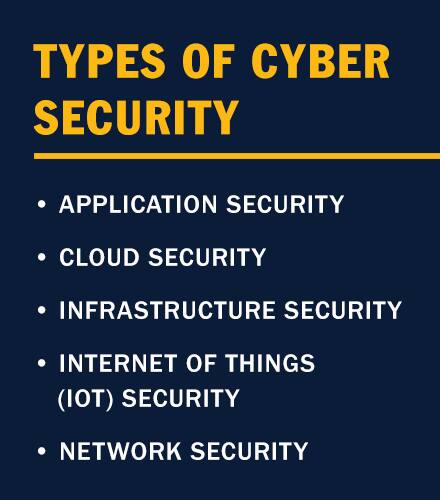 Infografica con il testo Tipi di Cyber Security: Application security, cloud security, infastructure security, internet of things (IOT) security, network security 