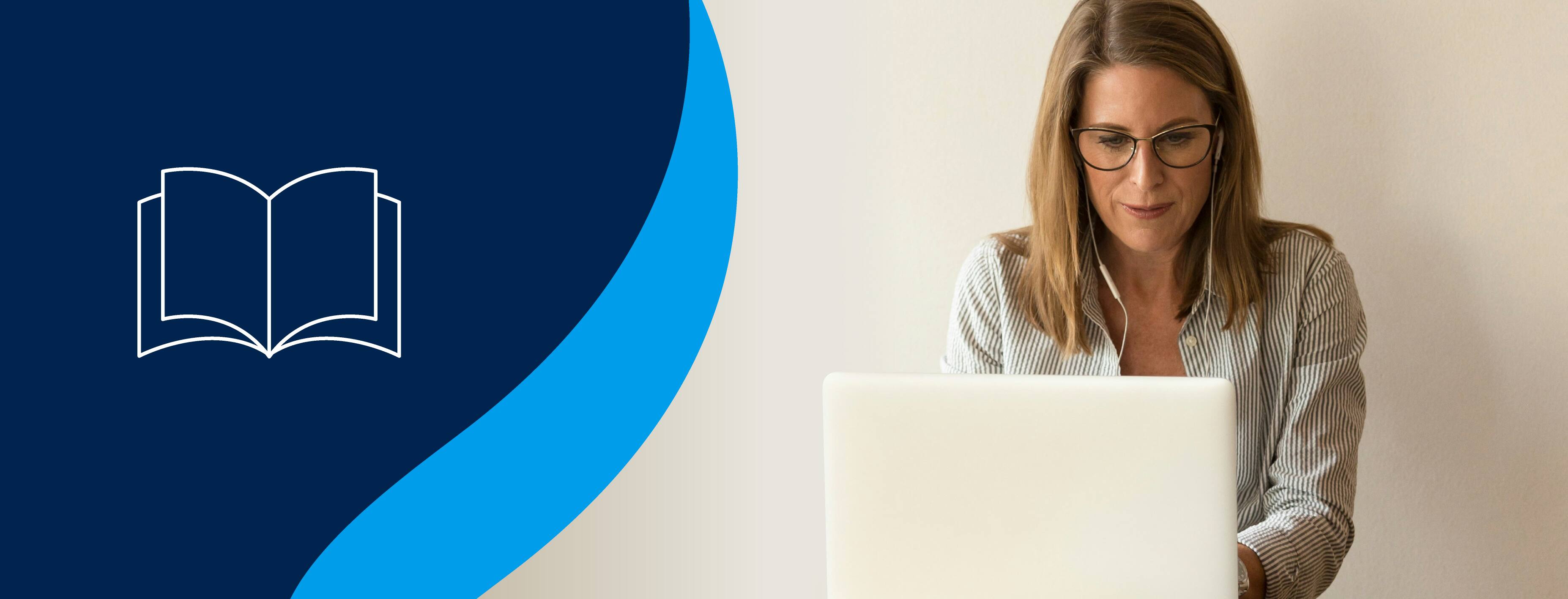 A student sitting on her laptop with headphones in working on her general studies degree with an icon of a book to the left.