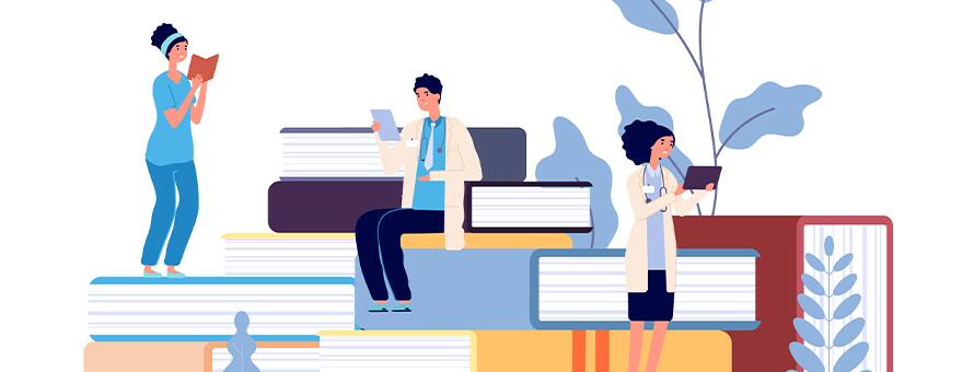 A drawing of 3 health professionals reading while sitting and standing on different levels of books.