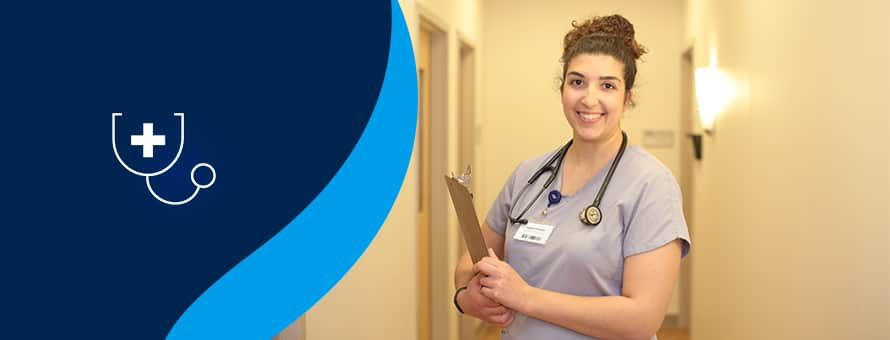 A stethoscope and a nurse holding a clipboard.