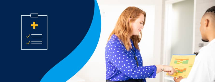 SNHU healthcare administration graduate, Ali Lamoureux '22 working in an office looking over records with another person next to a medical clipboard icon to the left.