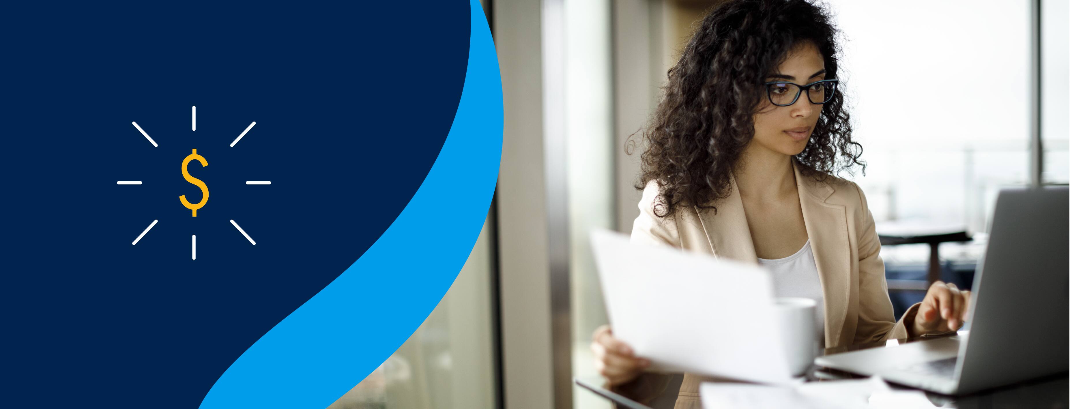 A woman standing at her desk working on her laptop next to a dollar sign on a blue background.