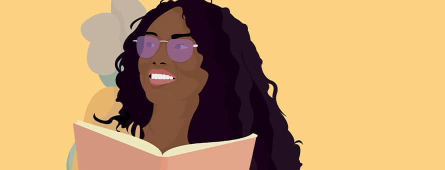 An illustration of a smiling woman with long curly hair wearing glasses, holding an open book against a yellow background.