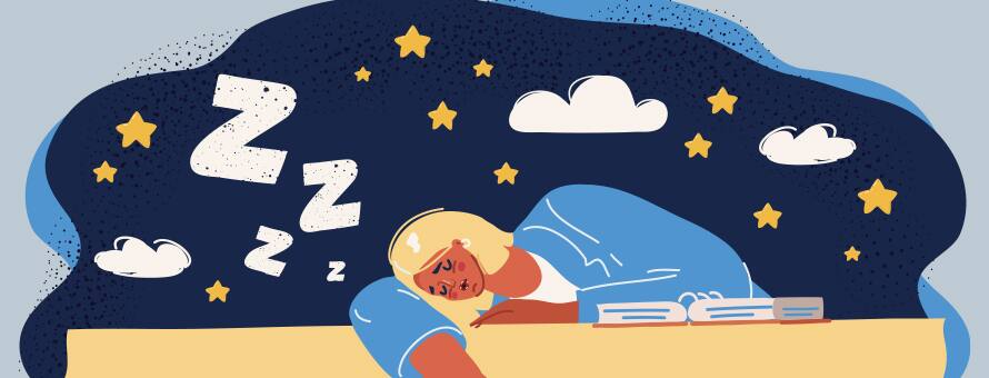 A person with blonde hair asleep at a desk surrounded by clouds, stars and z's.