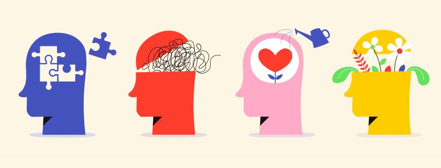 A graphic of 4 profiles. From left to right: Blue head with puzzle pieces, red head with tangled swirls, pink head with a heart and watering can, yellow head with blooming flowers.