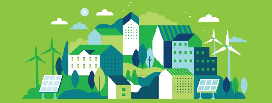 Cartoon houses and windmills showing renewable energy on a green background