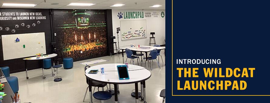 The new STEAM lab at Webster Elementary School featuring tablets and other technology on tables and wall space, with the text Introducing the Wildcat LaunchPad.