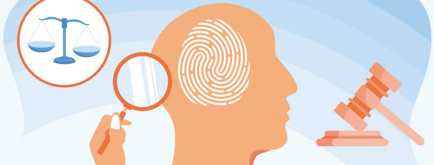 A fingerprint inside a silhouette of a human head surrounded by a gavel, a magnifying glass and the scales of justice to represent forensic psychology